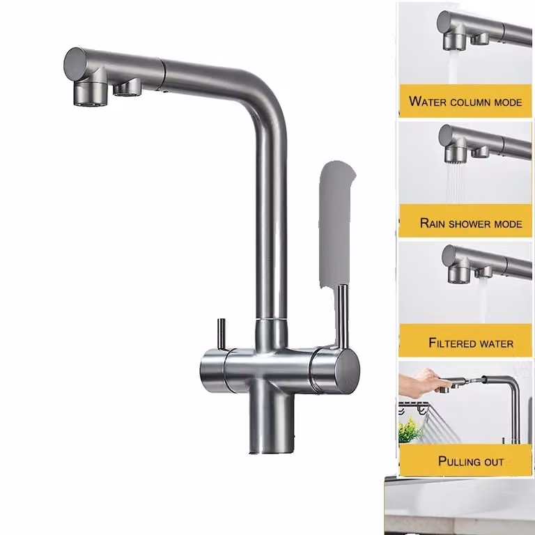 Rubinetto da cucina con doppia maniglia, funzionalità acqua fredda e calda, struttura in ottone resistente, grigio canna di fucile