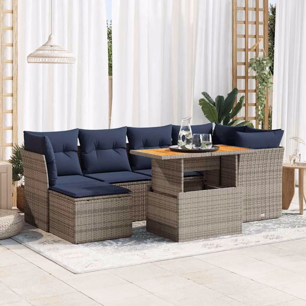 Set da giardino vidaXL in polyrattan composto da 7 pezzi con cuscini grigi e blu e tavolino coordinato
