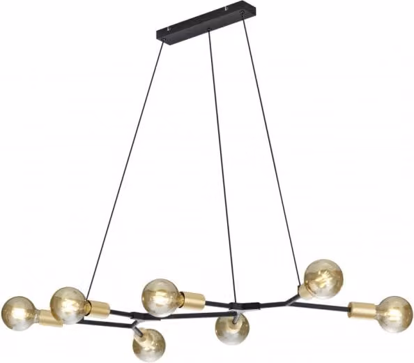 Lampadario a sospensione Trio Leuchten Cross con 7 luci in metallo nero e oro con paralumi in vetro trasparente e altezza regolabile