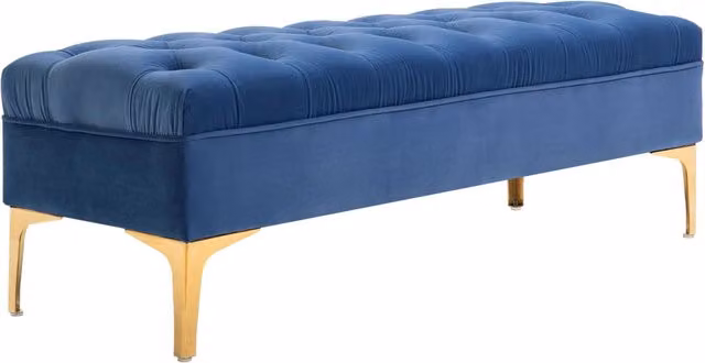 Panca da letto imbottita con seduta trapuntata e gambe rialzate, per camera e ingresso, in legno e velluto blu e oro