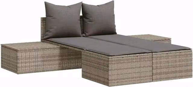 Lettino Prendisole | Sdraio da giardino | Lettino da sole Doppio con Cuscini Grigio in Polyrattan