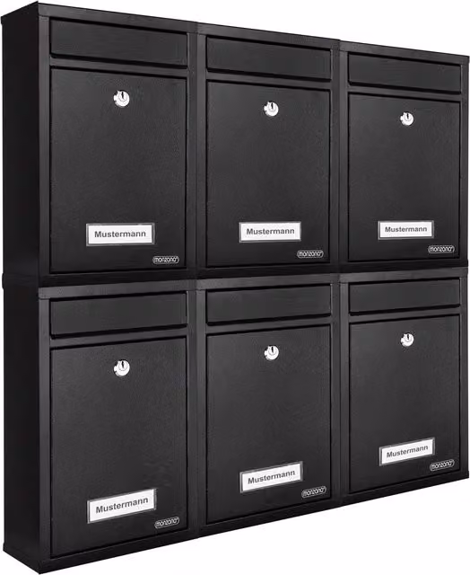 Set di 6 cassette per le lettere Monzana in acciaio nero con 2 chiavi L: 32 cm, P: 22 cm, H: 9 cm