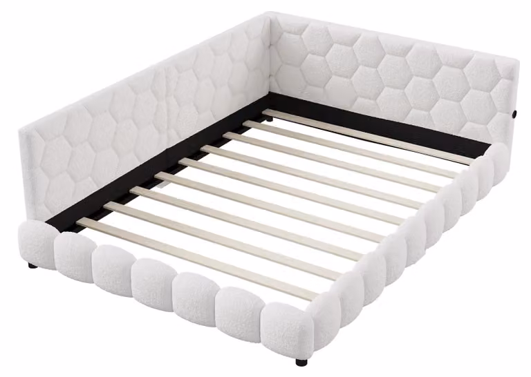Letto 140 x 200 cm - Struttura imbottita - Rivestito in Lana - Illuminazione LED - Porte USB - Retino letto - Bianco