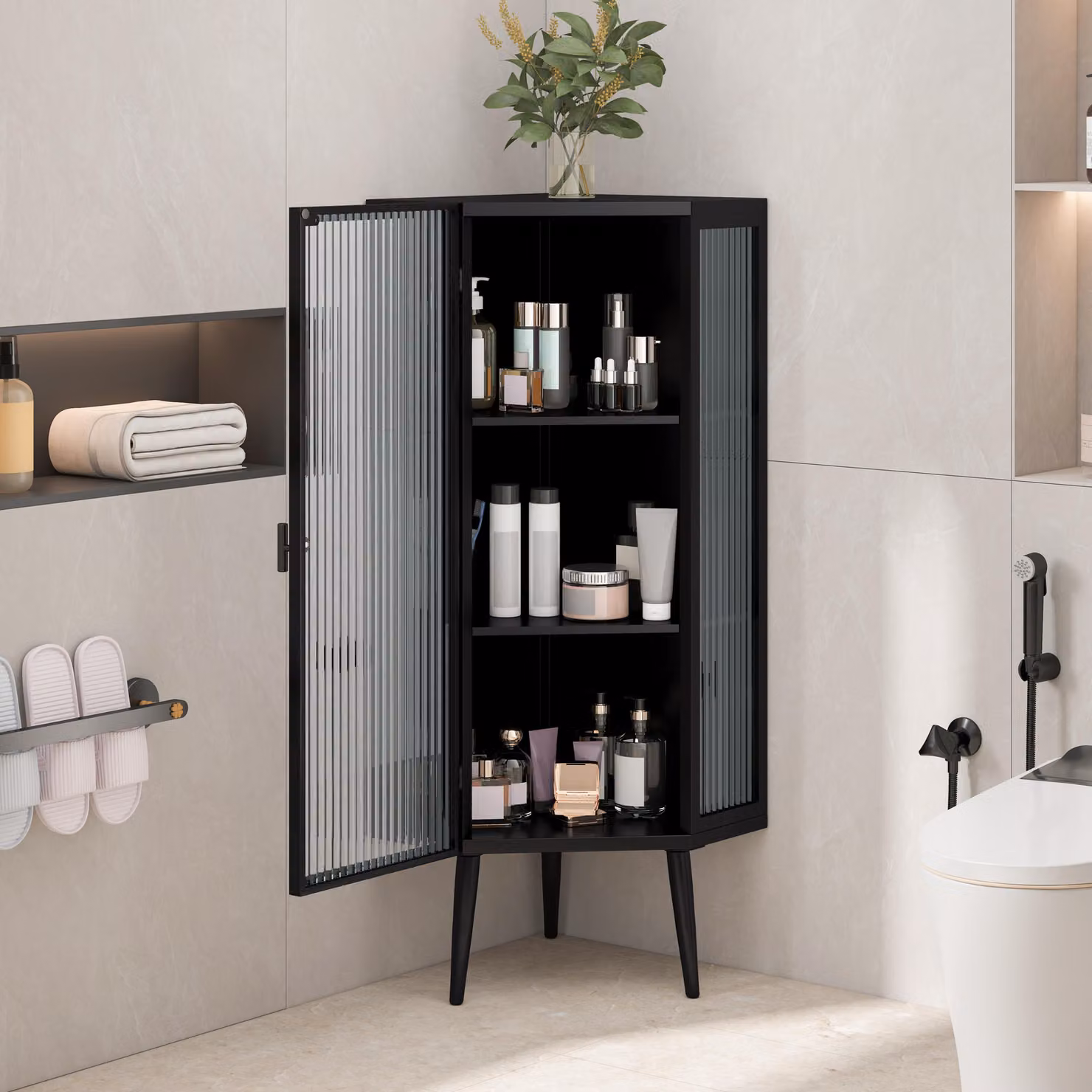Mobile contenitore laterale con porta in vetro, armadietto angolare con ripiani, mobile bagno in stile moderno, metallo e vetro, colore nero