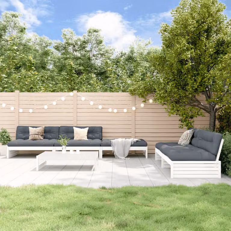 Set di divani da giardino vidaXL in legno massello di pino bianco con cuscini, composto da 6 pezzi con divano a 3 posti, divano a 2 posti, pouf e tavolino da caffè