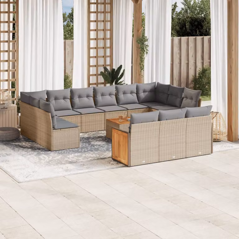 Set di Divani da Giardino a Forma di U vidaXL con Tavolino e Cuscini Beige e Grigio in Polyrattan e Legno di Acacia