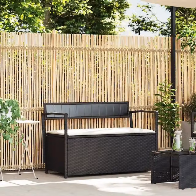 Panca Portaoggetti da Giardino con Cuscino in Polyrattan Nero vidaXL L/P/H: 111.5 x 54.0 x 41.5 cm
