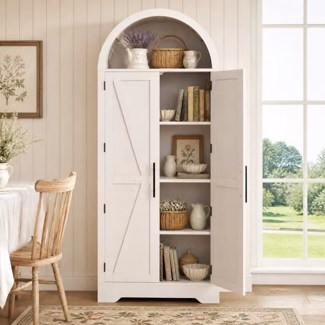 Armadio vetrina in MDF bianco con ante in vetro e ripiani interni, stile rustico, L: 70 cm, P: 35 cm, H: 170 cm