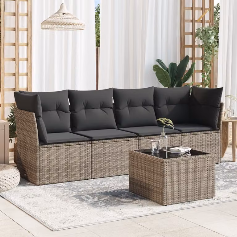 vidaXL Set Divano da Giardino 5 pz in Polyrattan Grigio con Cuscini e Tavolino da Esterno