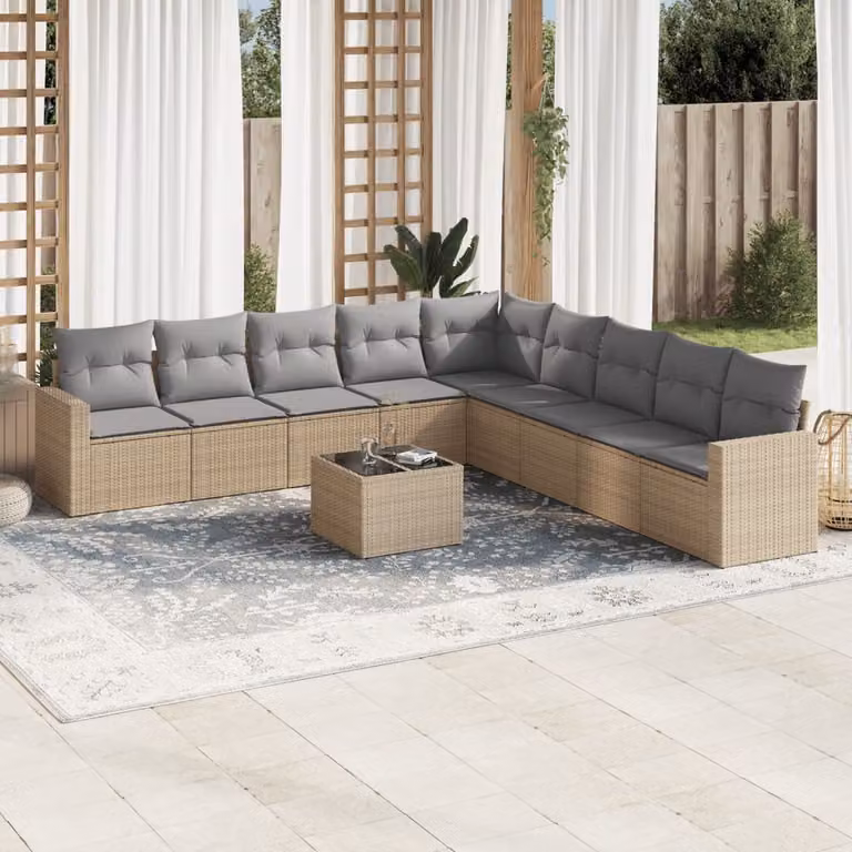 vidaXL Set Divano da Giardino 10 pz a L con Cuscini Beige in Polyrattan e Struttura in Metallo