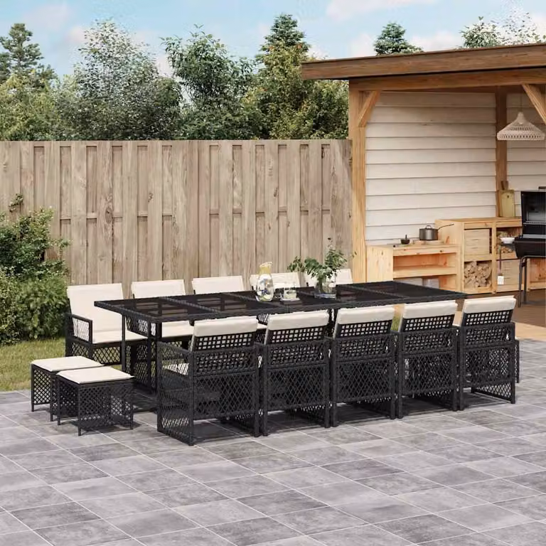 Set da Pranzo da Giardino vidaXL 15 pz in Polyrattan Nero con Cuscini e Tavolo in Vetro