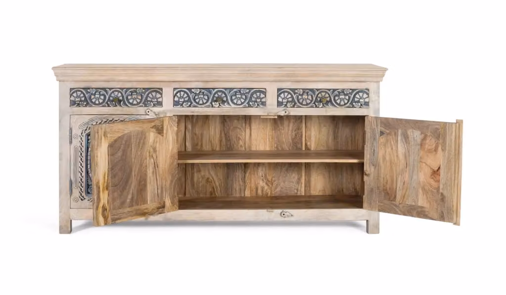 Credenza in legno di mango con design astratto ed etnico per la tua sala da pranzo, finitura opaca, colori bianco e blu – 2