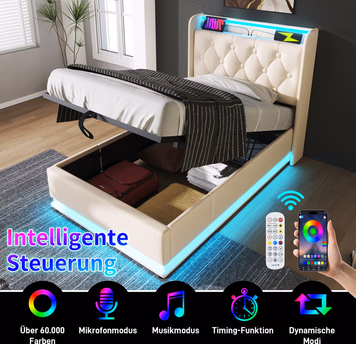 okwish letto imbottito boxspring 90 x 200 cm con testata con porta di ricarica USB e Type-C, letto idraulico con presa e illuminazione LED (senza materasso) -Poliuretanobianco