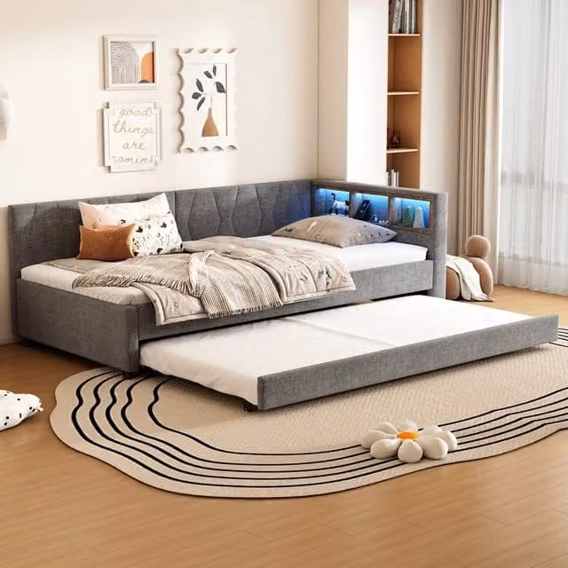 Letto Singolo con Rete a Doghe e LED, Estraibile ¨C MINIMAL ¨C Tessuto Grigio 90x200