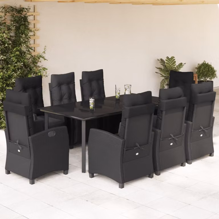 Set da pranzo da giardino vidaXL in polyrattan nero con cuscini e piano in vetro per 9 persone