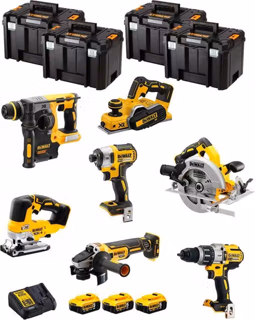 Kit utensili DeWALT DWK701T con avvitatore, trapano, utensili a batteria e contenitori TSTAK VI, colore giallo