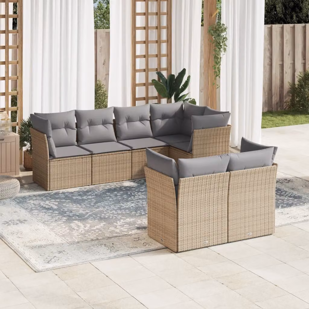 vidaXL Set Divani da Giardino 7 pz a Forma a L in Polyrattan con Cuscini Beige e Grigio – 1