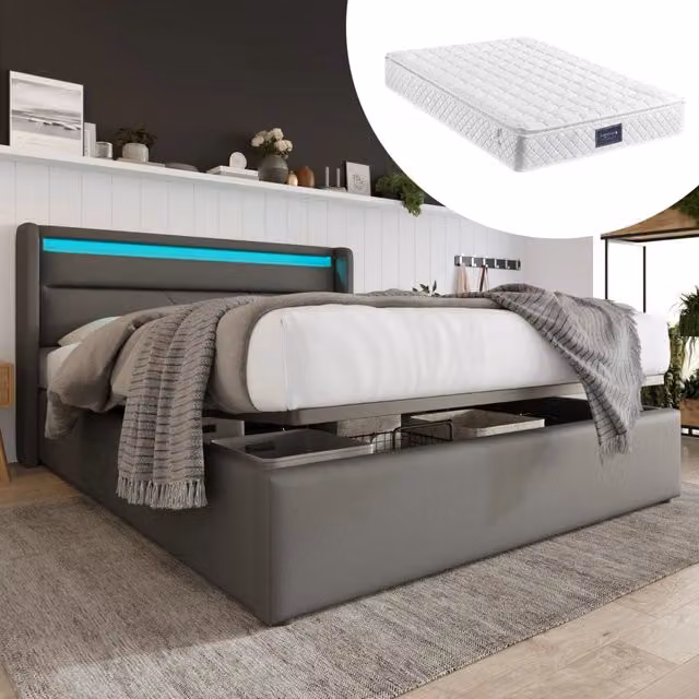 Letto contenitore idraulico imbottito con illuminazione LED, matrimoniale 140x200 cm, struttura in PU grigia con materasso a molle