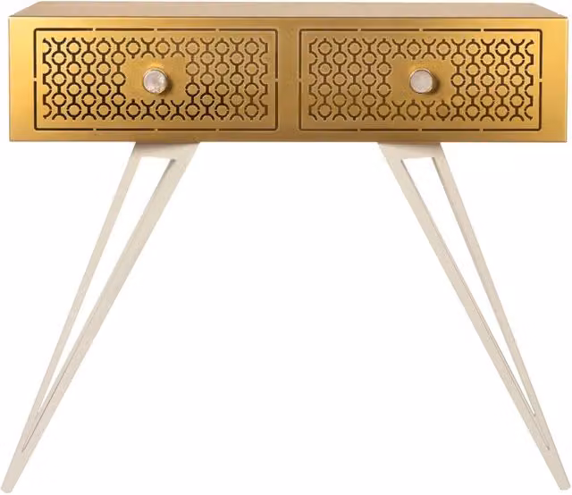 Consolle Mayfair Arti & Mestieri in ferro con design glamour Hollywood Regency, gambe bianche e dettagli oro, L 100 x P 35 x H 80 cm