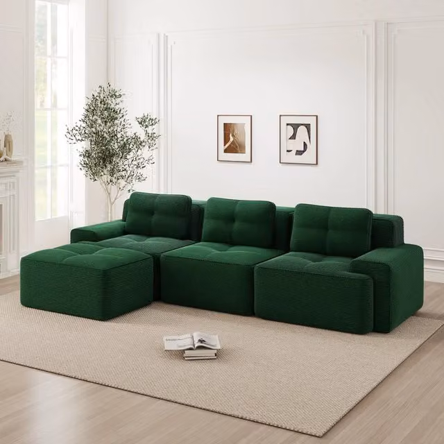 Divano Modulare Angolare 3 Posti con Poggiapiedi ¨C MINIMAL ¨C Velluto a Coste, Verde