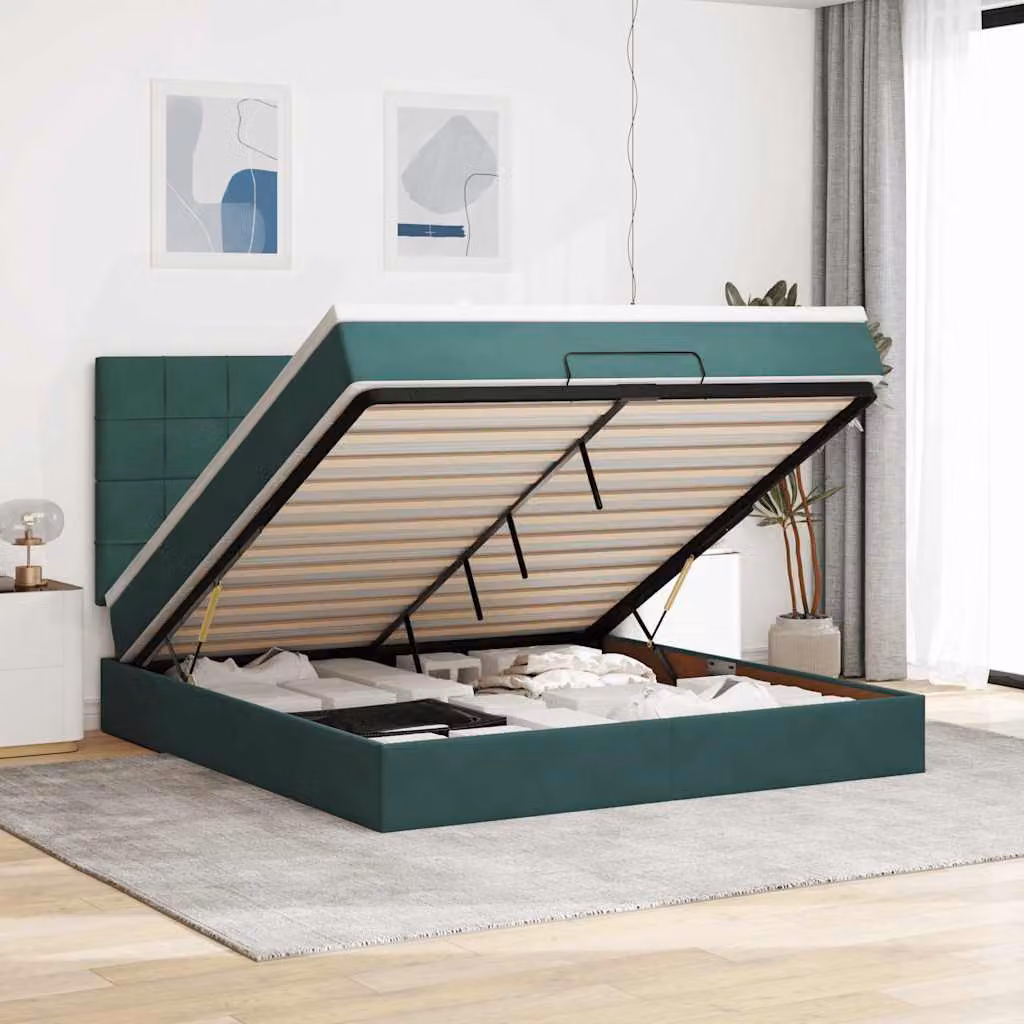 Letto con contenitore e materasso vidaXL in velluto verde e bianco, con base a sollevamento, illuminazione sottostante e porta USB, L: 180 cm, P: 200 cm, H: 128 cm