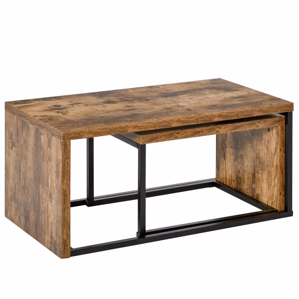 Set di tavolini da caffè nido Minimal in stile moderno, colore marrone e nero, in metallo e legno con finitura opaca, L/P/H: 90 x 48 x 42 cm e 59 x 42 x 36 cm – 2
