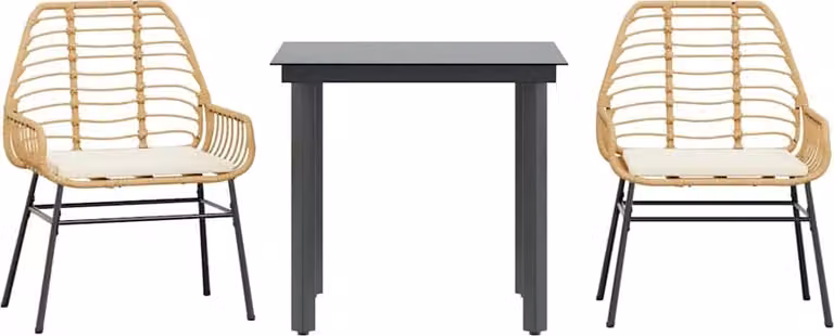 Set da Pranzo da Giardino 3pz con Cuscini Polyrattan Vetro