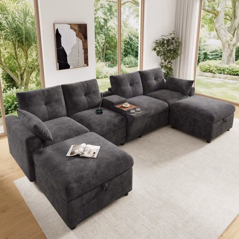 Divano angolare okwish con 2 poggiapiedi e consolle centrale, divano classico con portabicchieri e spazio contenitivo, divano modulare con USB e Type-C, colore grigio