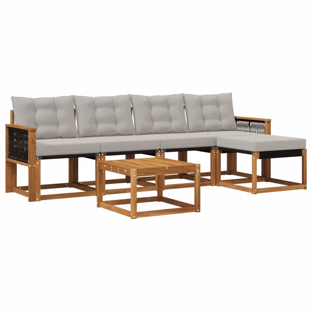 Set di mobili da giardino vidaXL composto da 6 pezzi con divano a L, tavolino da caffè e pouf in legno di acacia con cuscini beige e grigi – 2