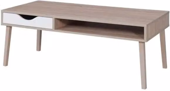 Tavolino basso rettangolare Meublorama in stile scandinavo, colori bianco e rovere, L: 120 cm, P: 60 cm, H: 45 cm
