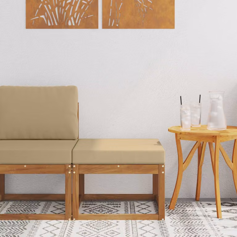 vidaXL Poggiapiedi da Esterno in Legno di Acacia Naturale con Tessuto Beige e Marrone L: 59,0 cm, P: 37,0 cm, H: 37,0 cm