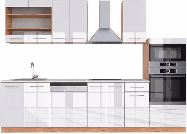 Cucina componibile Fame-Line Bianco lucido/Rovere dorato 300 cm con armadio alto, PL Marmo Vicco