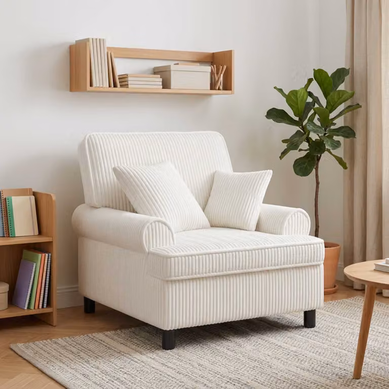 Poltrona lounge moderna vidaXL in tessuto beige e bianco con cuscini in schiuma e braccioli