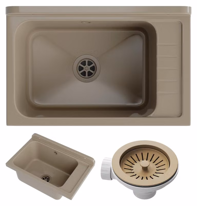 Granitan - Lavatoio - Lavandino 58x38 cm - Lavello beige - con sifone - MONZA