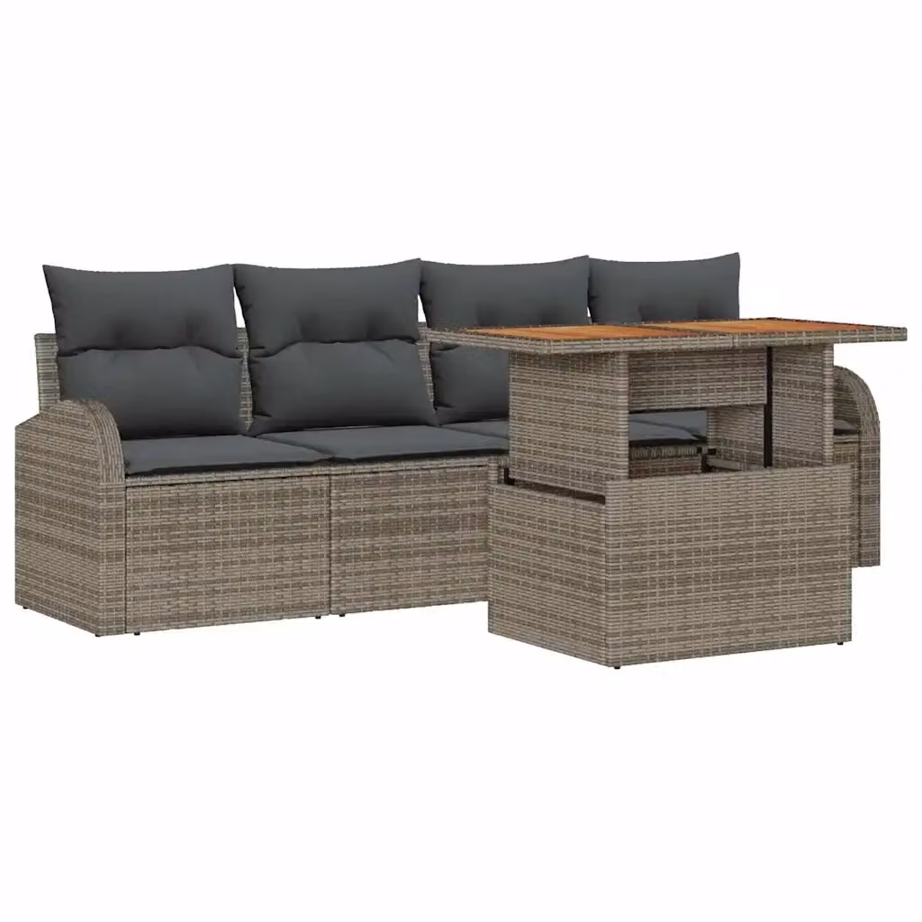 Set Divano da Giardino vidaXL 5 Pezzi in Poly Rattan Grigio con Cuscini e Tavolino da Esterno – 2