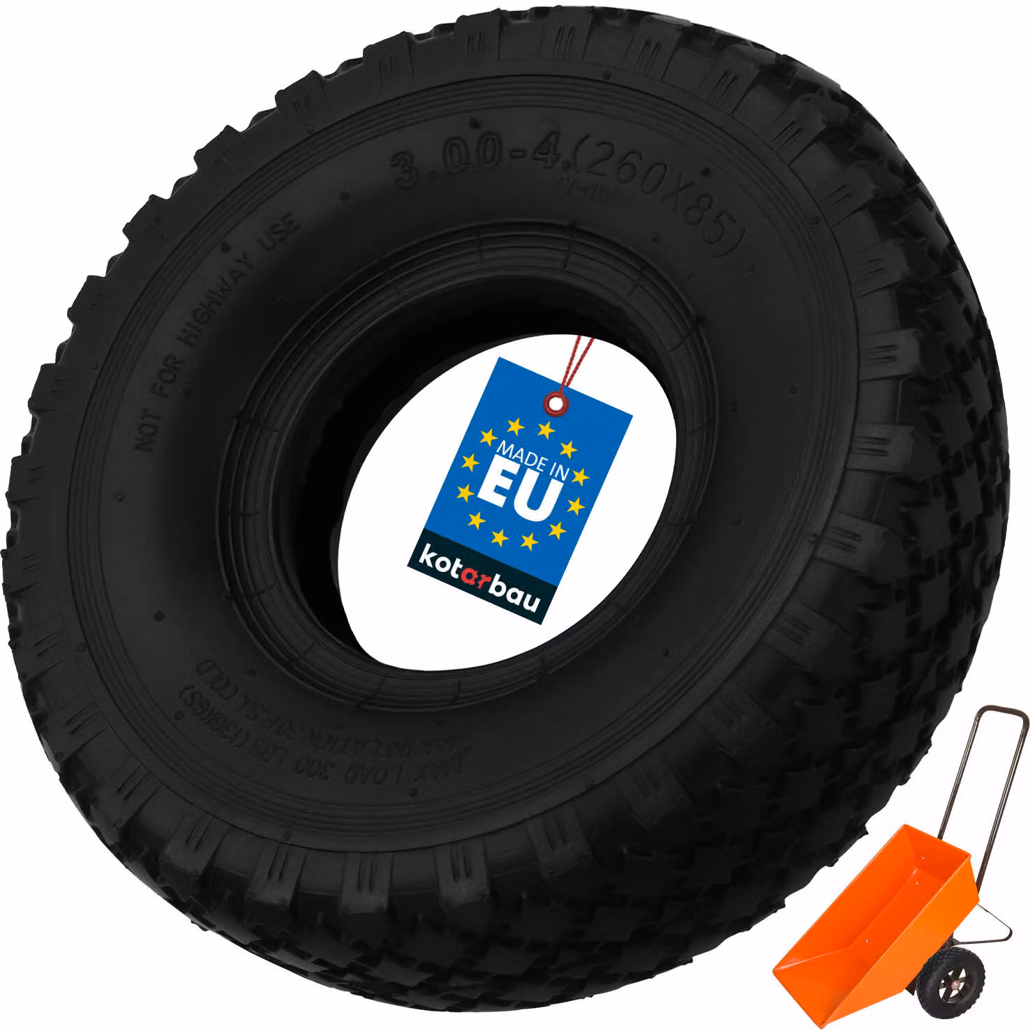 KOTARBAU® Ruota per Carrello Gomma 3.00-4 2PR Nero Ruote Carrello Ricambio Per Bollerwagen ⌀ 24cm Gomma Piena