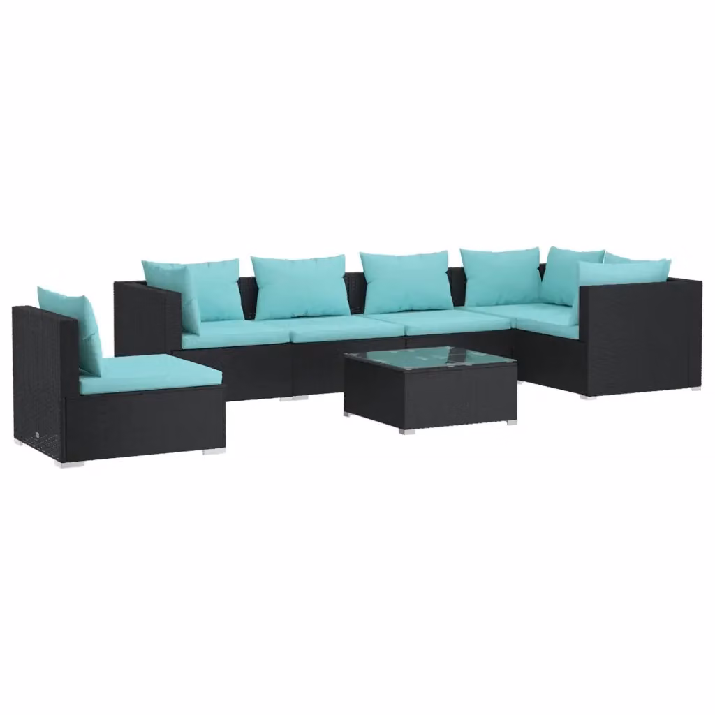 Set di Divani da Giardino vidaXL 7 pz con Cuscini Blu e Nero in Polyrattan e Acciaio – 2