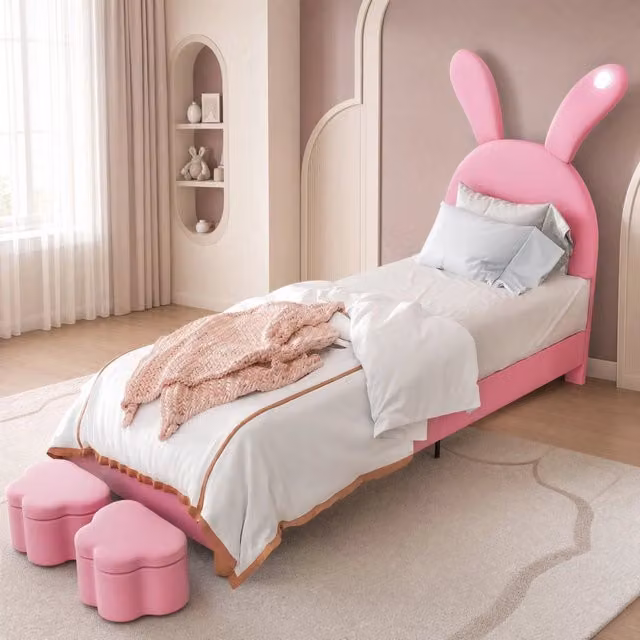 Letto per ragazzi 90x200 cm in velluto francese rosa con LED e 2 panche contenitore