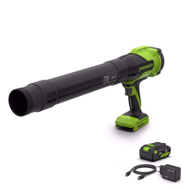 Soffiatore a batteria Greenworks POWERALL 24V verde con batteria da 4Ah e velocità di 209 km/h