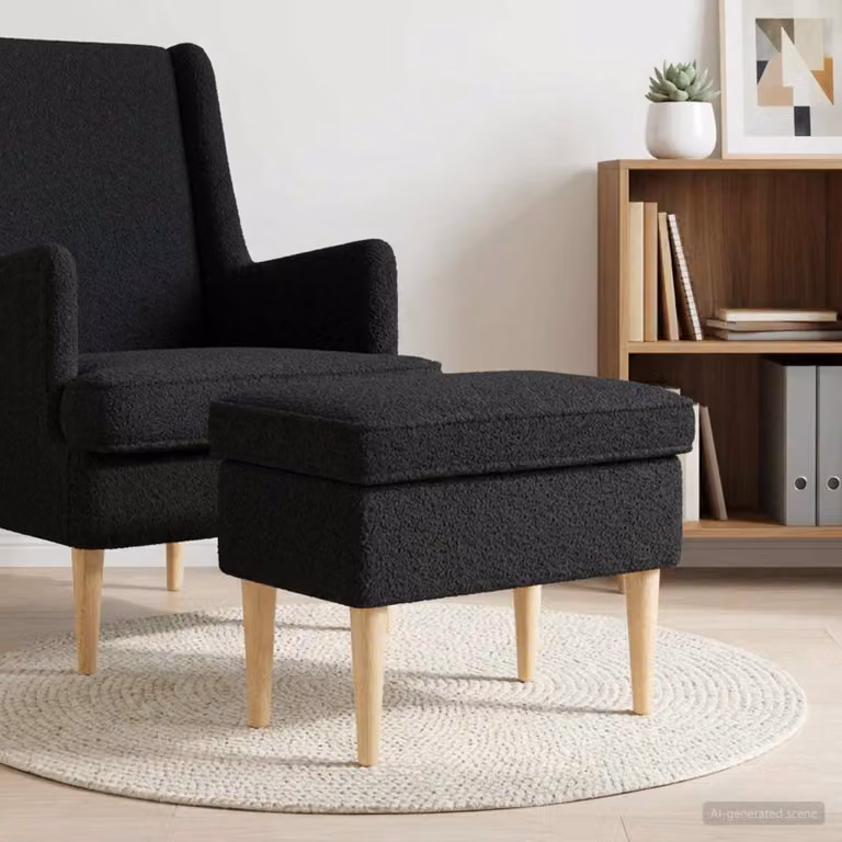 Poggiapiedi vidaXL in tessuto bouclé nero con struttura in legno, L 55 cm x P 35 cm x H 41 cm