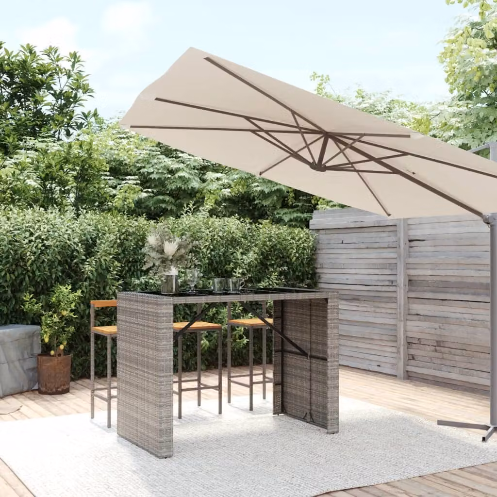 vidaXL Tavolo da Bar Moderno in Polyrattan con Piano in Vetro Grigio e Nero L: 145 cm, P: 80 cm, H: 110 cm
