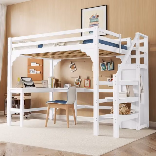 Letto a soppalco OKWISH per bambini con scrivania a L, armadio aperto e scala contenitore, bianco, L/P: 200 x 140 cm
