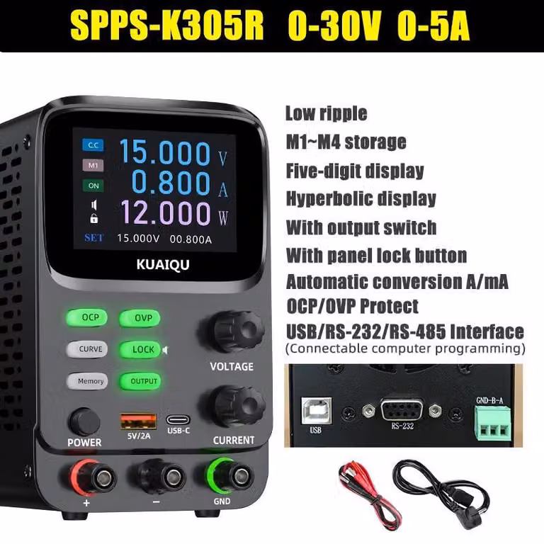 Alimentatore di laboratorio - SPPS-K305R, 3 canali - Alimentatore DC programmabile, 0–30V, 10A / 0–60V, 5A - 3 uscite - Display a 5 cifre - Misurazione di microcorrenti fino a 10 µA - Protezione OVP/OCP
