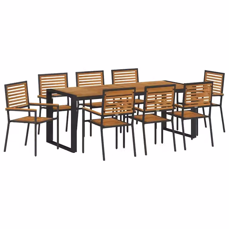 Set da pranzo per giardino e terrazzo vidaXL in polyrattan nero e marrone con tavolo in legno di acacia, 9 pezzi