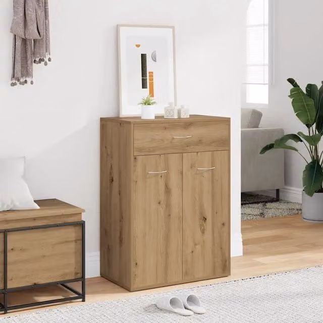 Scarpiera moderna vidaXL in legno e MDF marrone con ante a battente e ripiani, sospesa a parete, L: 60 cm, P: 35 cm, H: 84 cm – 1