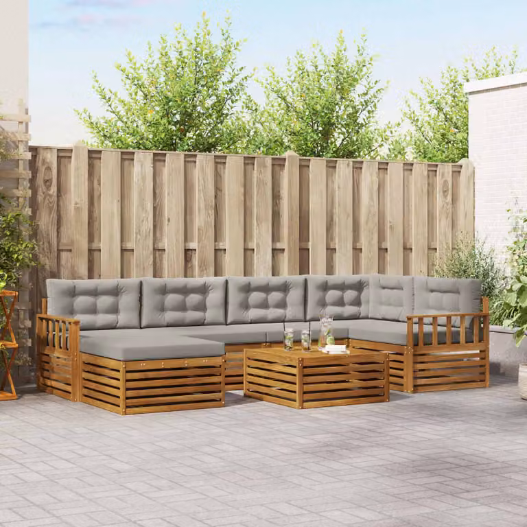 vidaXL Set di divani da esterno 7 pz a forma di L in legno di acacia con cuscini Grigio e Marrone
