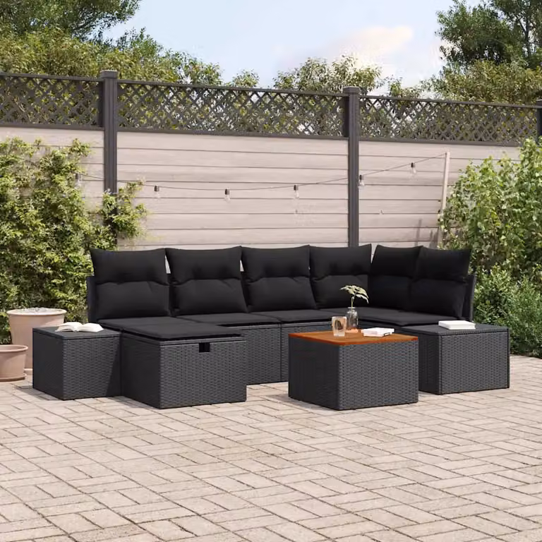 Set Divano da Giardino vidaXL 7 Pezzi a Forma di U con Cuscini e Tavolino Nero in Polyrattan e Metallo