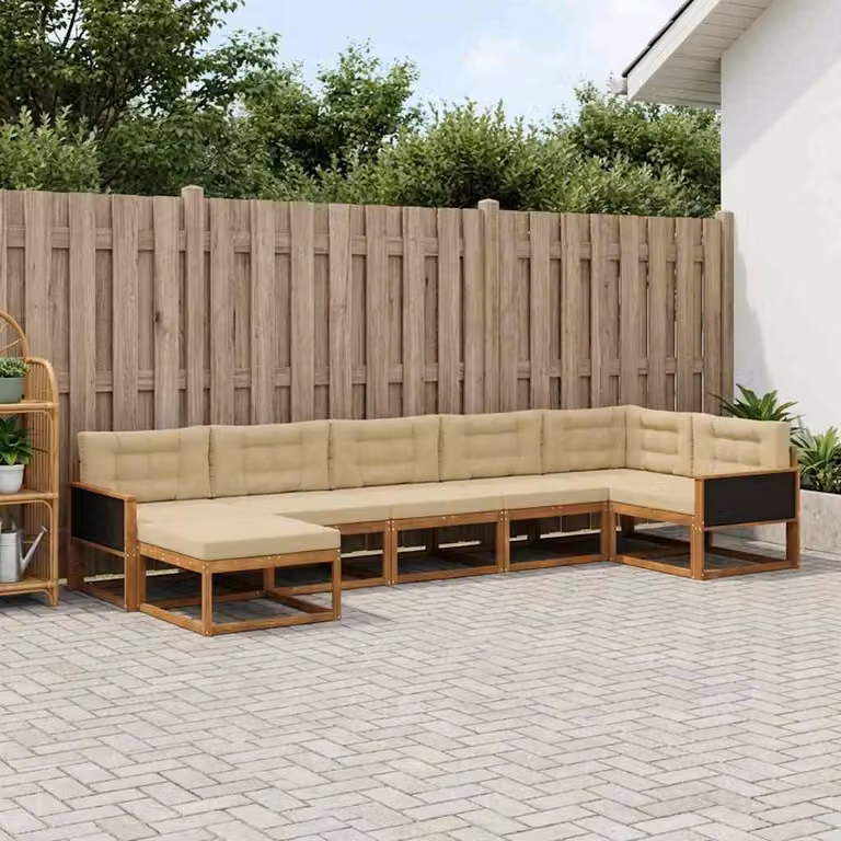 Set di divani da esterno a forma di U vidaXL in legno di acacia con cuscini beige e marrone, 7 pezzi