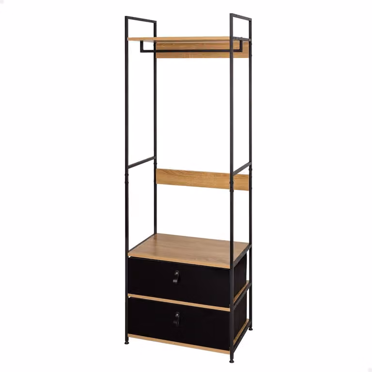 Armadio aperto, dimensioni 60x40x175 cm, struttura in acciaio e legno, con 2 cassettiere in tessuto