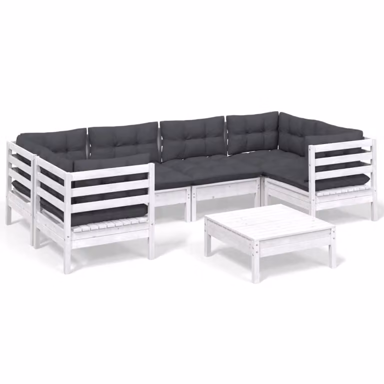 Set Divani da Giardino 7 pz con Cuscini Bianchi Legno di Pino
